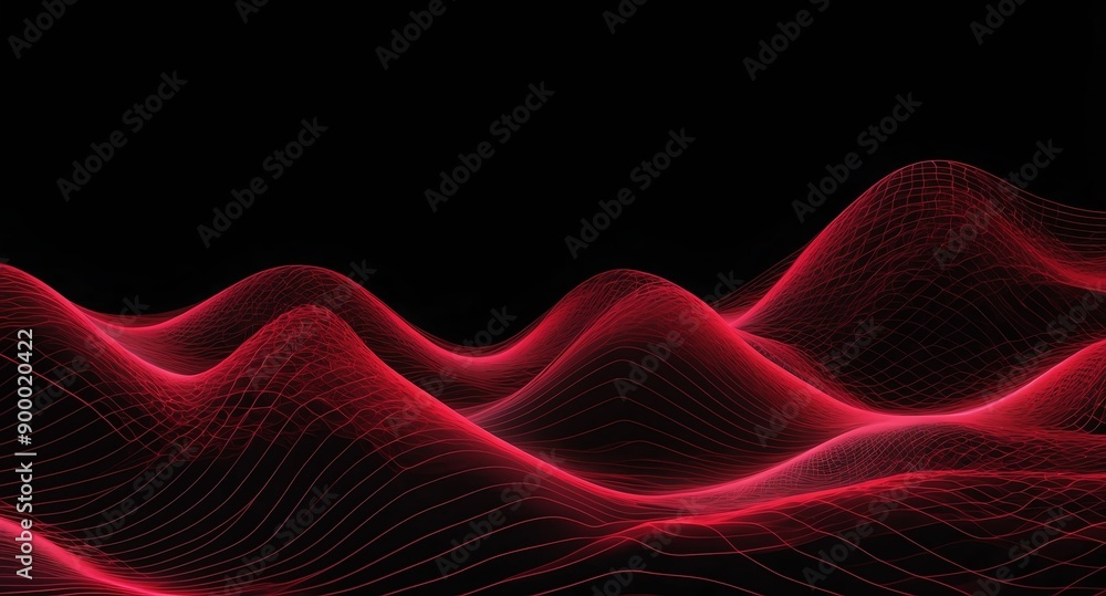 Poster digital signal waves abstract red grid lines hologram projection on plain black background with copy