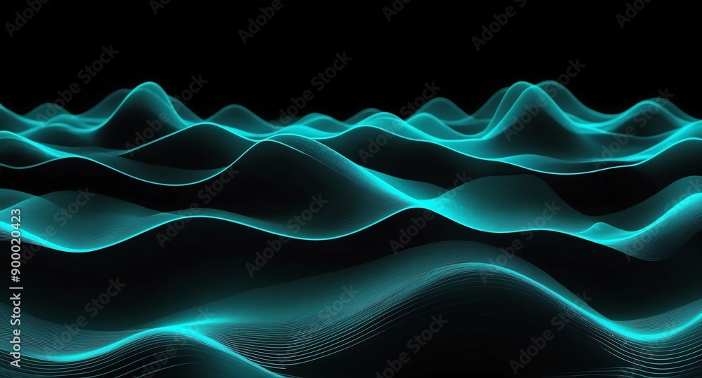 Poster digital signal waves abstract teal grid lines hologram projection on plain black background with cop
