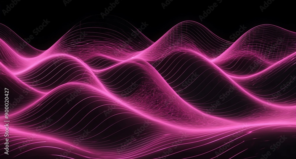 Poster digital signal waves abstract pink grid lines hologram projection on plain black background with cop