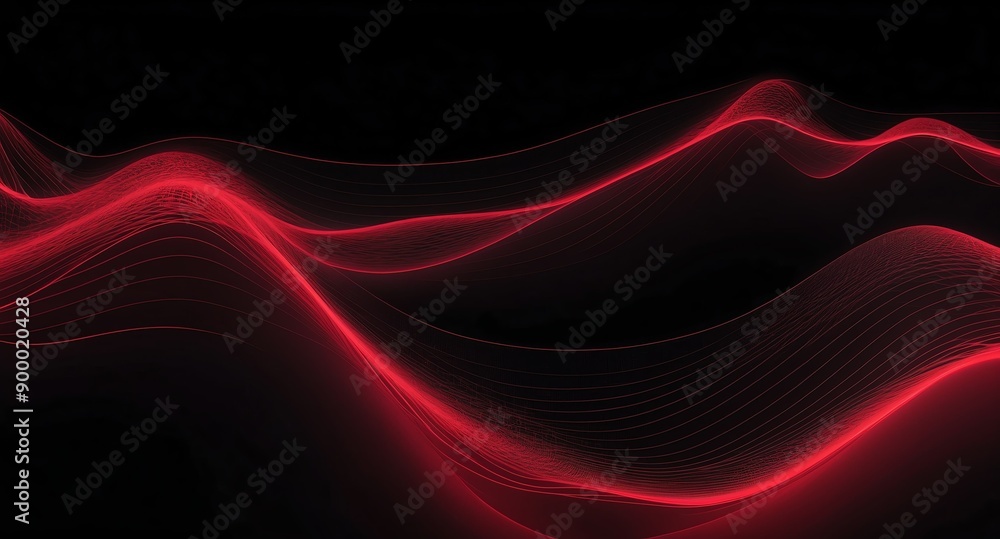 Poster digital signal waves abstract red grid lines hologram projection on plain black background with copy space