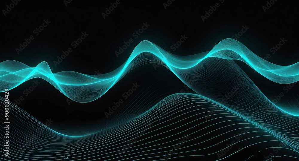 Poster digital signal waves abstract teal grid lines hologram projection on plain black background with cop
