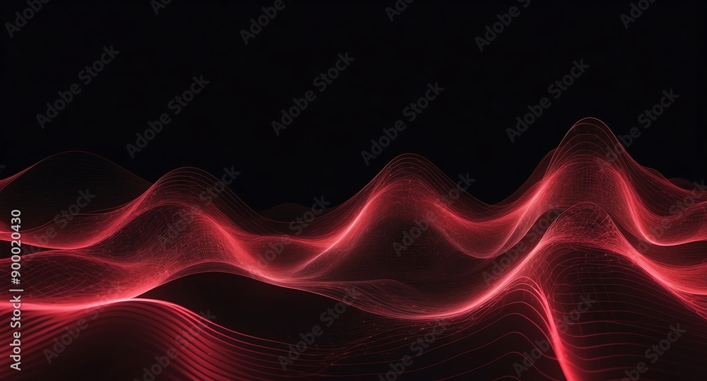 Poster digital signal waves abstract red grid lines hologram projection on plain black background with copy