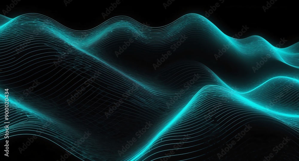 Poster digital signal waves abstract teal grid lines hologram projection on plain black background with cop
