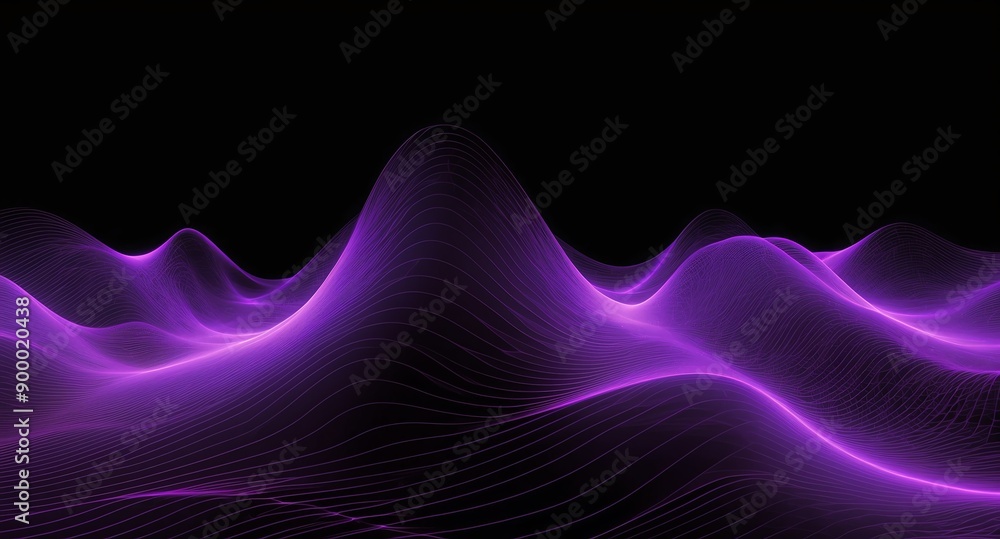 Poster digital signal waves abstract purple grid lines hologram projection on plain black background with c