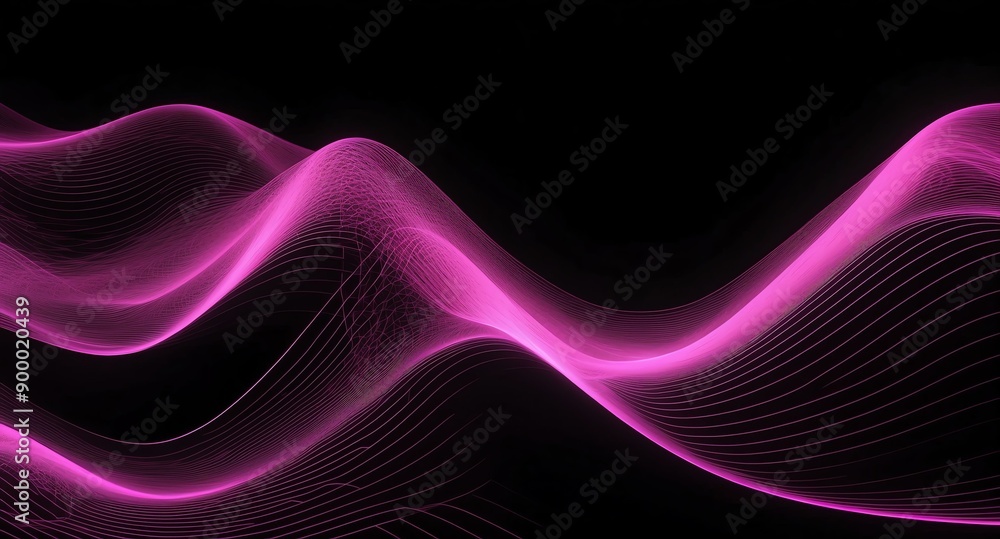 Poster digital signal waves abstract pink grid lines hologram projection on plain black background with cop