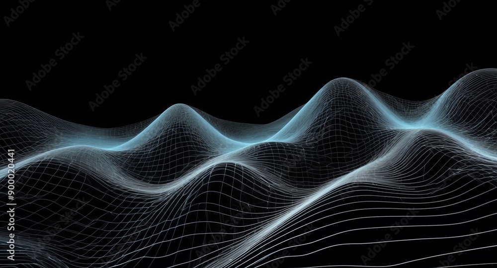 Poster digital signal waves abstract white grid lines hologram projection on plain black background with co