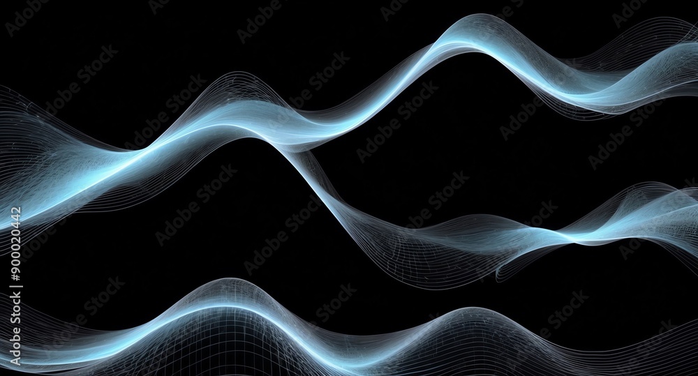 Poster digital signal waves abstract white grid lines hologram projection on plain black background with co