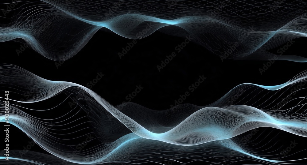Poster digital signal waves abstract white grid lines hologram projection on plain black background with co