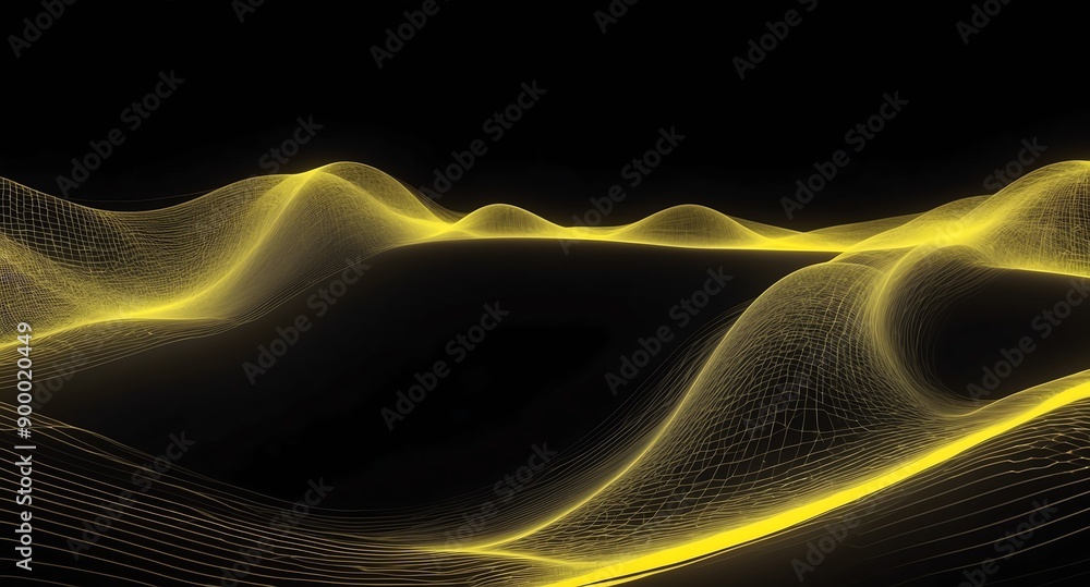 Poster digital signal waves abstract yellow grid lines hologram projection on plain black background with c