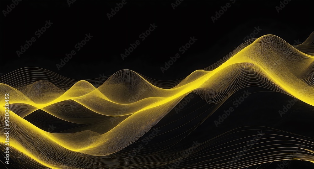 Poster digital signal waves abstract yellow grid lines hologram projection on plain black background with c