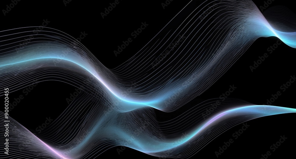 Poster digital signal waves abstract white grid lines hologram projection on plain black background with co