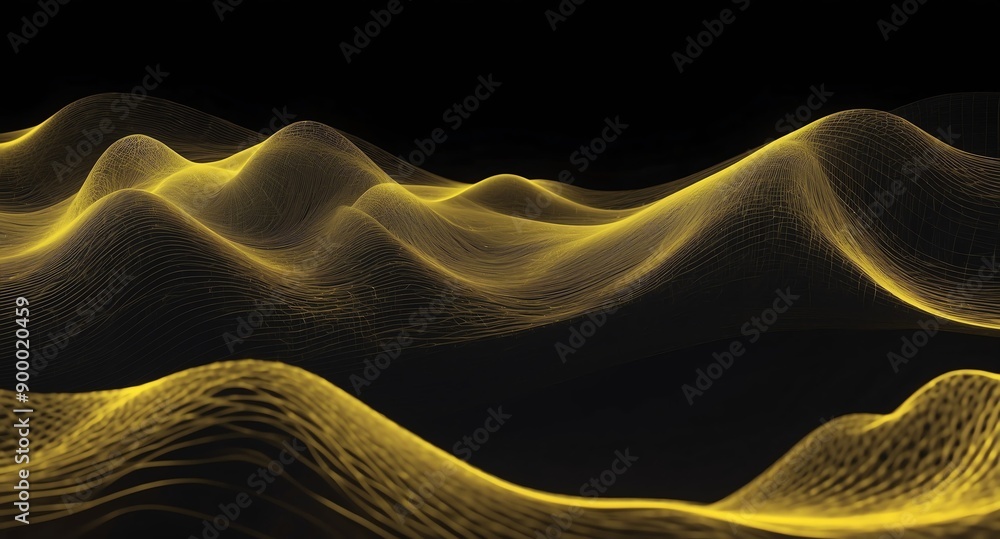 Poster digital signal waves abstract yellow grid lines hologram projection on plain black background with copy space