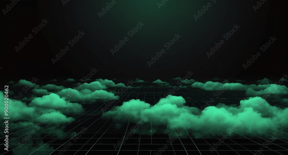 Aufkleber green clouds grid lines hologram projection on plain black background with copy space