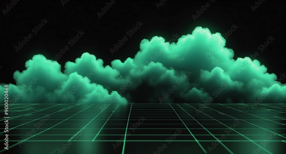 Poster green clouds grid lines hologram projection on plain black background with copy space
