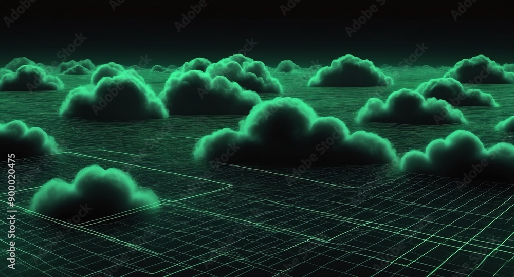 Aufkleber green clouds grid lines hologram projection on plain black background with copy space