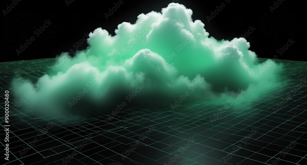 Poster green clouds grid lines hologram projection on plain black background with copy space
