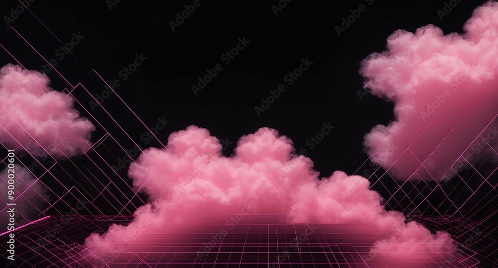 Aufkleber pink clouds grid lines hologram projection on plain black background with copy space
