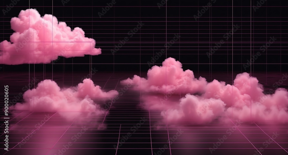 Poster pink clouds grid lines hologram projection on plain black background with copy space