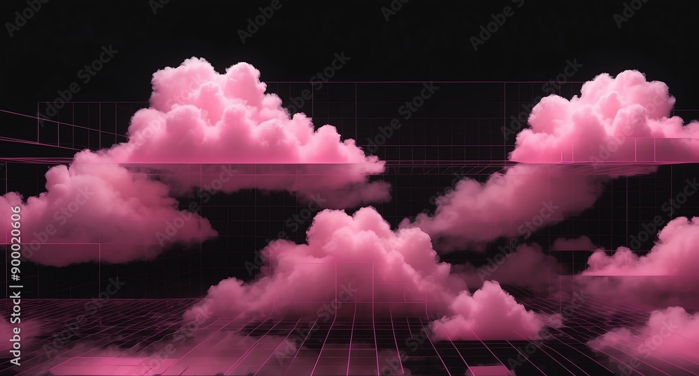 Wall mural pink clouds grid lines hologram projection on plain black background with copy space