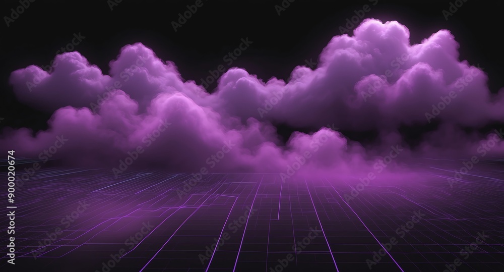 Poster purple clouds grid lines hologram projection on plain black background with copy space