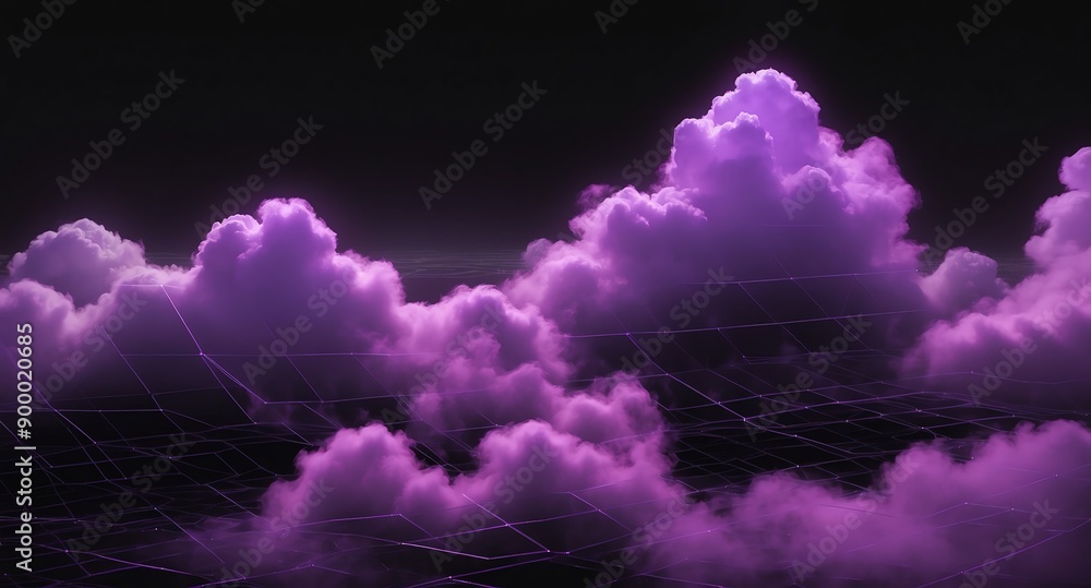 Poster purple clouds grid lines hologram projection on plain black background with copy space