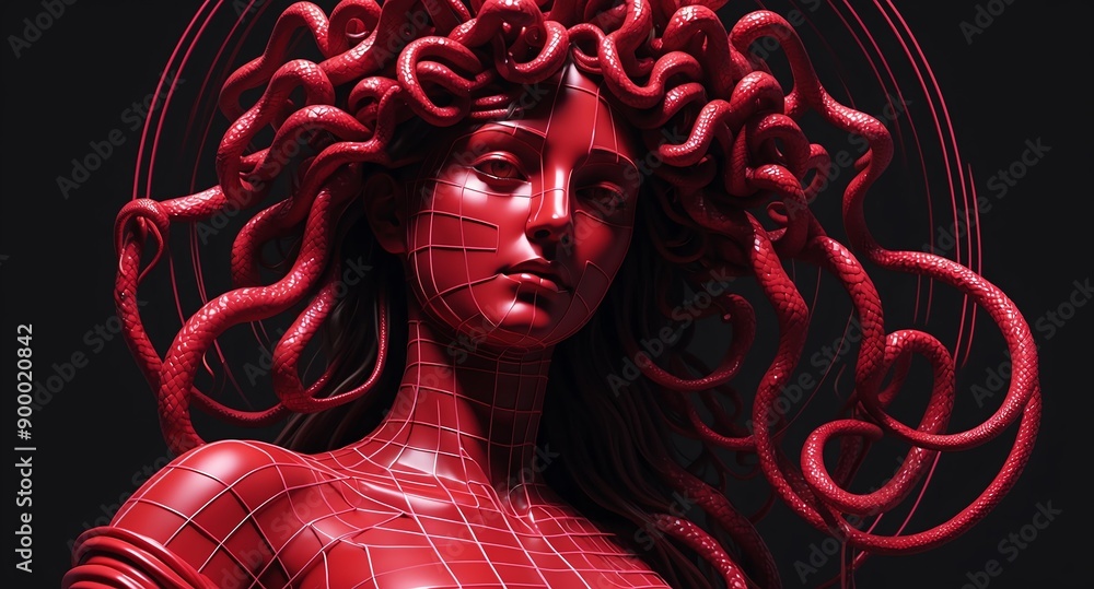 Poster red theme medusa statue grid lines hologram projection on plain black background with copy space