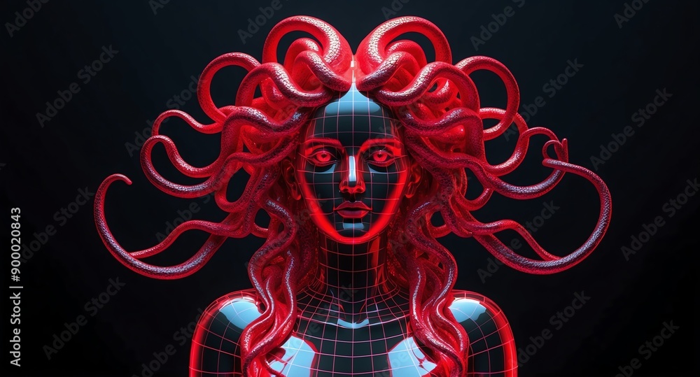 Poster red theme medusa statue grid lines hologram projection on plain black background with copy space