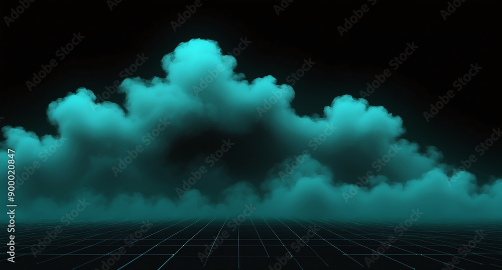 Aufkleber teal clouds grid lines hologram projection on plain black background with copy space