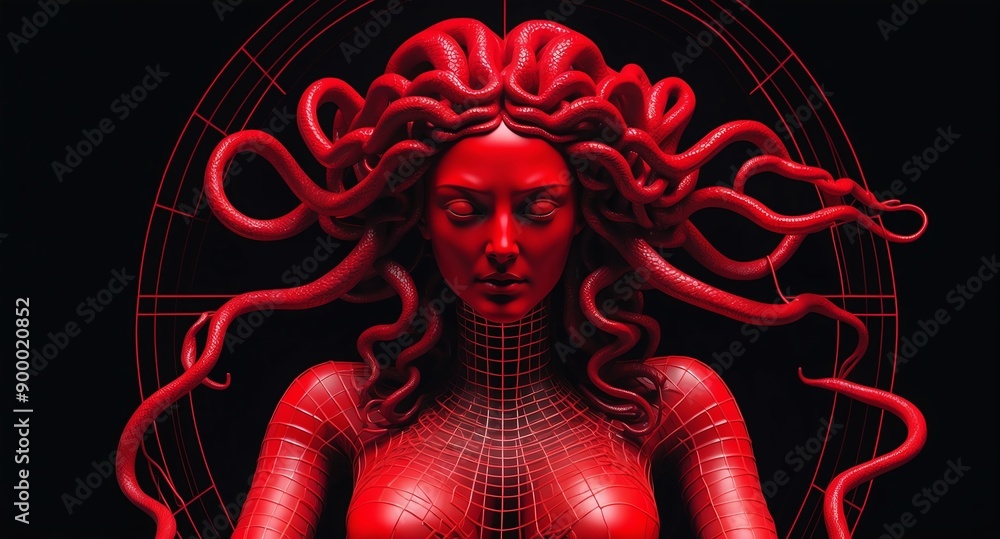 Aufkleber red theme medusa statue grid lines hologram projection on plain black background with copy space