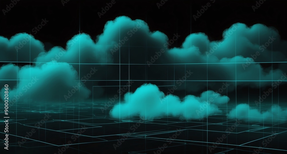Aufkleber teal clouds grid lines hologram projection on plain black background with copy space
