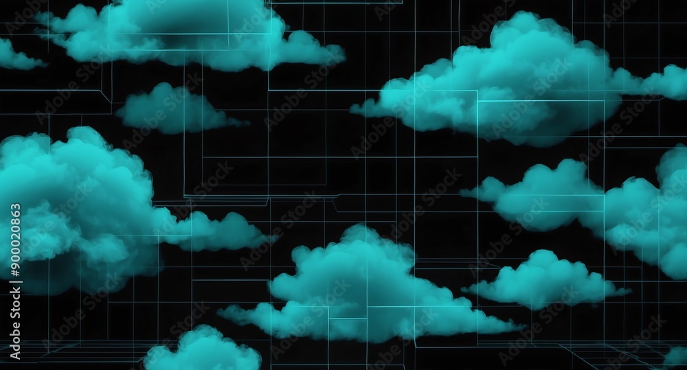 Aufkleber teal clouds grid lines hologram projection on plain black background with copy space