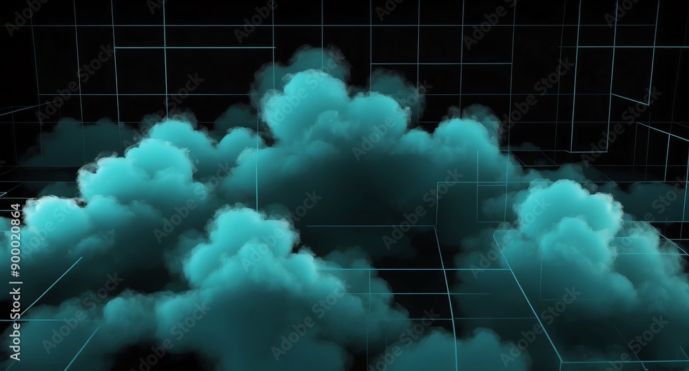 Poster teal clouds grid lines hologram projection on plain black background with copy space