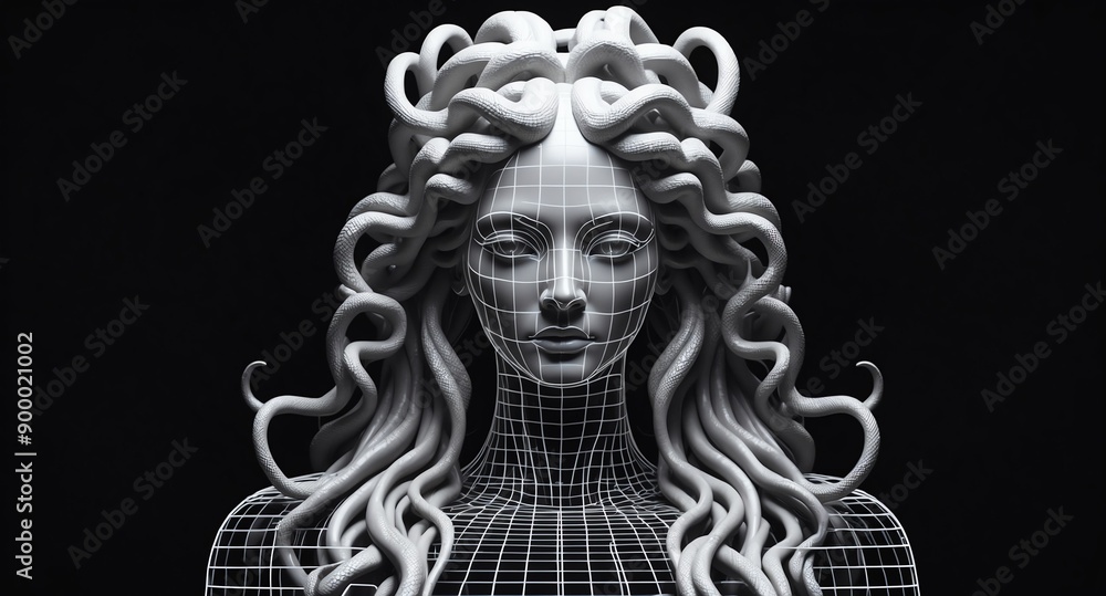 Poster white theme medusa statue grid lines hologram projection on plain black background with copy space