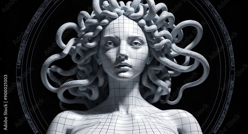 Poster white theme medusa statue grid lines hologram projection on plain black background with copy space