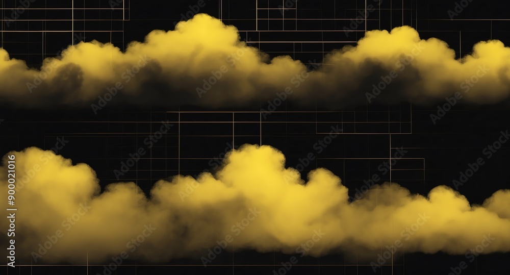 Poster yellow clouds grid lines hologram projection on plain black background with copy space