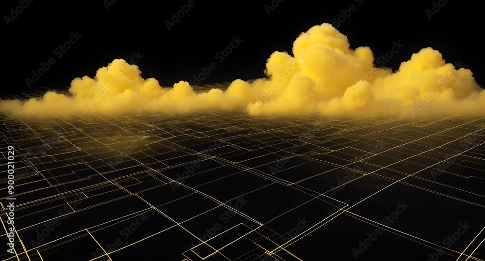Poster yellow clouds grid lines hologram projection on plain black background with copy space