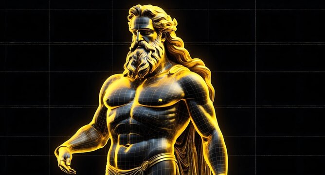 yellow theme greek god zeus statue grid lines hologram projection on plain black background with copy space