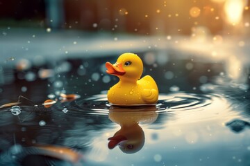 Cute rubber duck swimming in the puddle.Hello summer. 