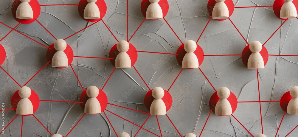 Poster an array of wooden figures connected by red lines, each placed on red circles against a textured gre