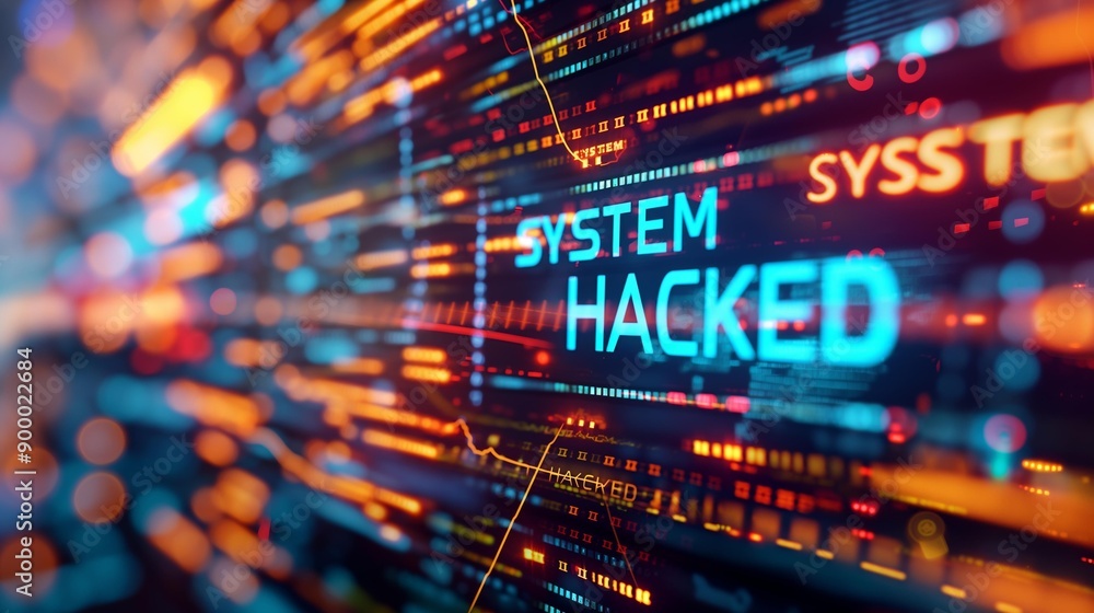Poster a vibrant digital display with the words 'system hacked' illuminated, indicating a cybersecurity bre