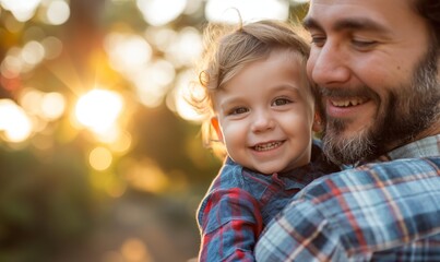 Obraz premium Close-up of a smiling child being held by an adult outdoors during sunset.