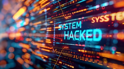 A vibrant digital display with the words 'SYSTEM HACKED' illuminated, indicating a cybersecurity breach.