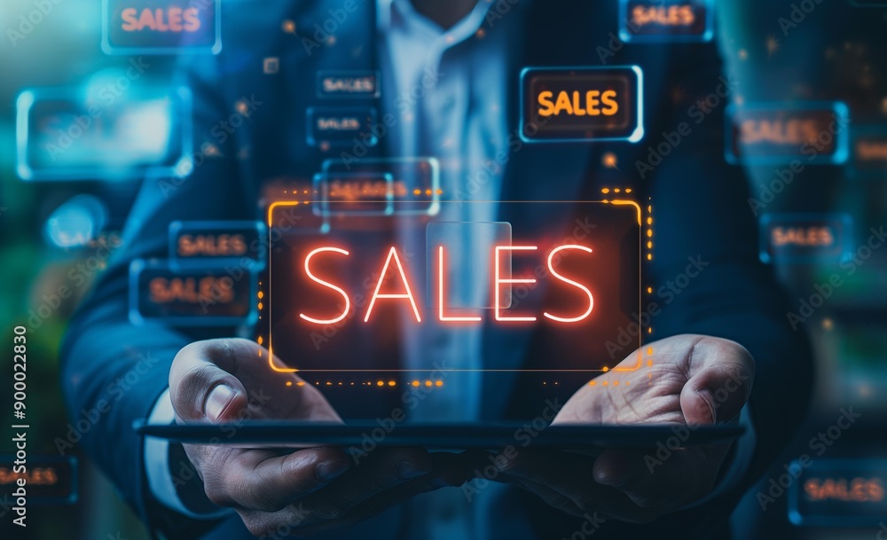 Poster a businessman holding a tablet with the word sales illuminated in red, surrounded by multiple floati