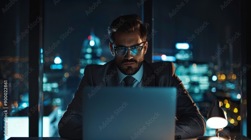 Poster a man in a suit is sitting at a desk with a laptop in front of him