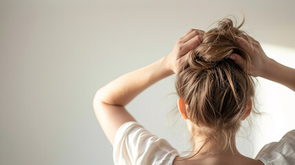 Fototapeta premium A woman with a messy bun hairstyle gazes thoughtfully, creating a serene atmosphere that inspires creativity and calmness.