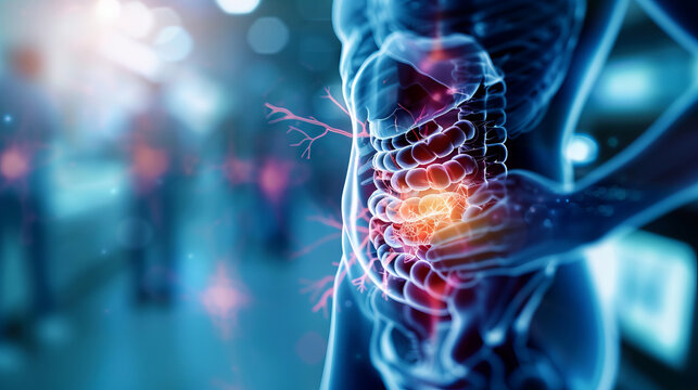 Abstract depiction of abdominal pain with highlighted area, showcasing human anatomy and nerve connections in a medical context.