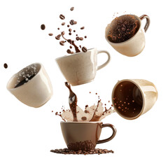Obraz premium Creative Coffee Cup Arrangement With Splashing Beverage and Roasted Beans in Bright Studio Setting