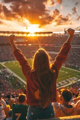 Female sports fan cheering at a college football game at sunset