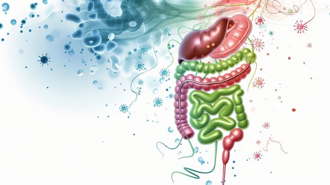 Vibrant illustration of the human digestive system with artistic elements, showcasing organs in a colorful and abstract design.