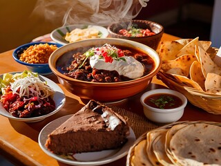 a table with a variety of food including chicken, rice, and other food.